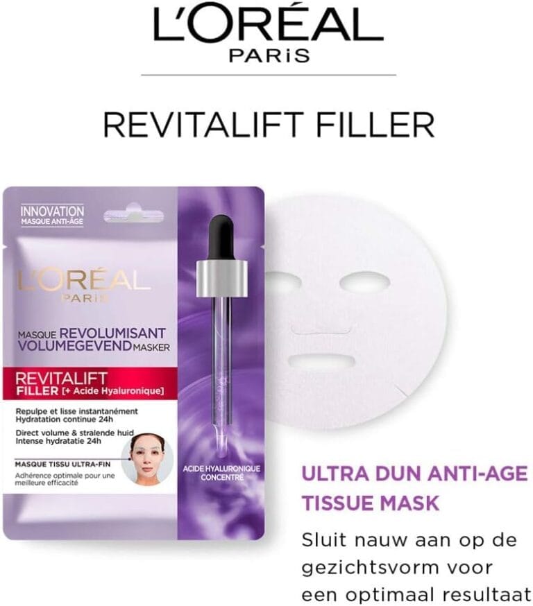 L'Oréal Paris - Masque Tissu Visage au Sérum Anti-Rides Revolumisant - Hydratation 24H - Anti-Age & Repulpant - À l'Acide Hyaluronique Pur - Coton Japonais Ultra-Fin - Revitalift Filler - 30 g