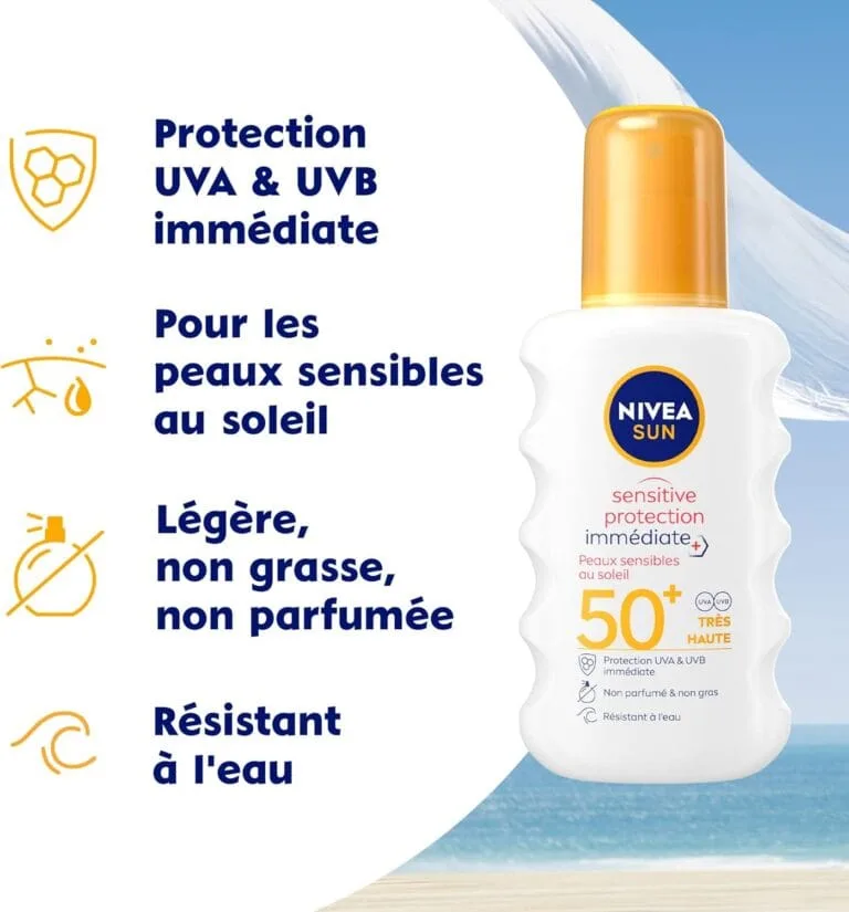 NIVEA SUN Spray solaire Sensitive protection immédiate FPS 50+ (1x200 ml), protection solaire adaptée aux peaux sensibles, écran solaire texture légère & non grasse