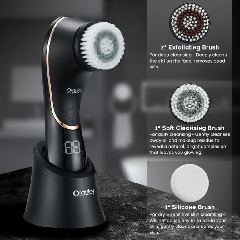 Brosse de nettoyage pour le visage, brosse électrique rechargeable, exfoliante IPX7, nettoyant rotatif étanche pour exfolier, masser et nettoyer en profondeur pour homme et femme avec 4 têtes de