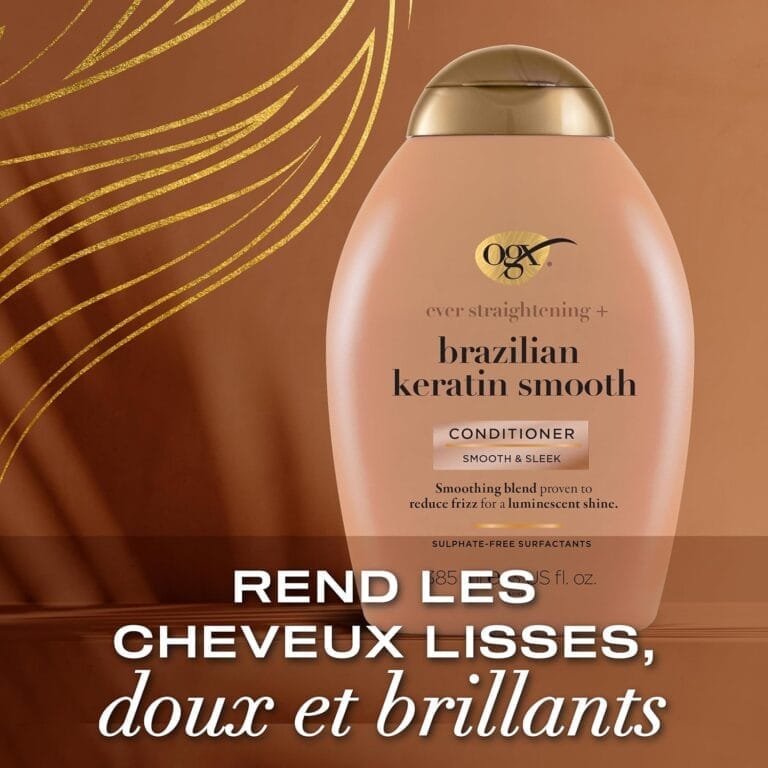 OGX | Après-Shampoing Lissant + Kératinothérapie Brésilienne (flacon de 385 ml) – Après-shampoing pour adoucir, faire briller et renforcer les cheveux – Soin cheveux de lissage brésilien