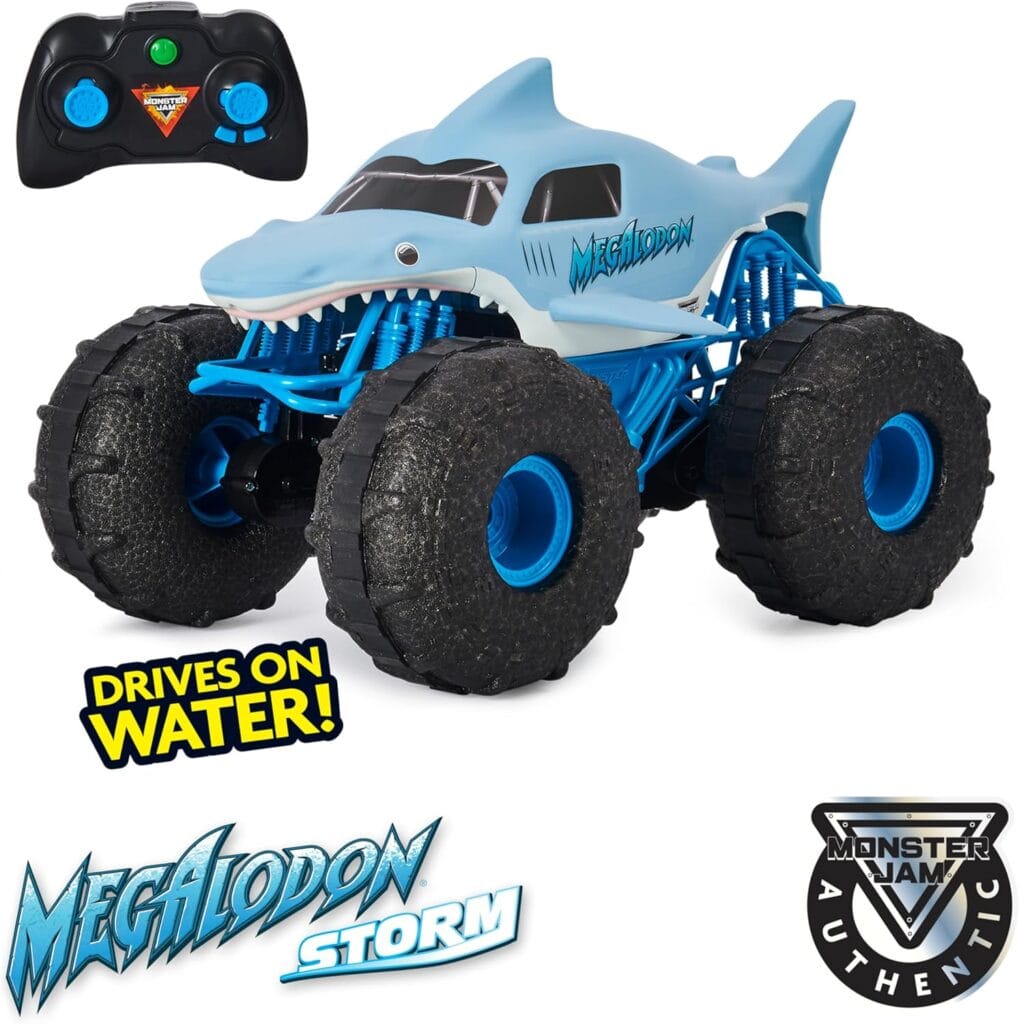 Jam Megalodon Storm. Une voiture radiocommandée Monster Jam résistante aux intempéries pour des aventures extrêmes dès 4 ans !